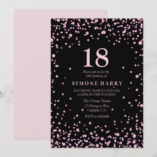 Roze Glitter Confetti 18e Birthday Party Invite Kaart (Voorkant / Achterkant)
