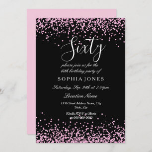 Roze Glitter Confetti Black 60ste verjaardag Kaart