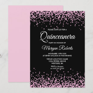 Roze glitter Confetti Black Quinceanera Invite Kaart