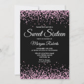 Roze Glitter Confetti Black Sweet 16 Invite Kaart (Voorkant)