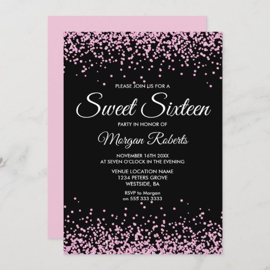 Roze Glitter Confetti Black Sweet 16 Invite Kaart (Voorkant / Achterkant)