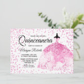 Roze Glitter Confetti Dress Quinceanera nodigt uit Kaart (Staand voorkant)