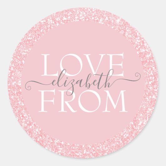 Roze Glitter Custom met Love Name Ronde Sticker (Voorkant)