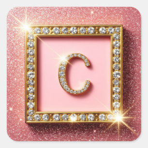Roze Glitter Diamant Initiaal C Gouden Frame Monog Vierkante Sticker