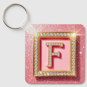 Roze Glitter Diamant Initiaal F Gouden Frame Monog Sleutelhanger