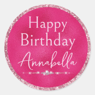 Roze Glitter & Diamanten Gelukkige Verjaardag Ronde Sticker