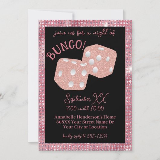 Roze Glitter Dice op Black Ladies Bunco Night Kaart (Voorkant)