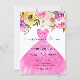 Roze Glitter Dress Colorful Flowers Quincean Kaart