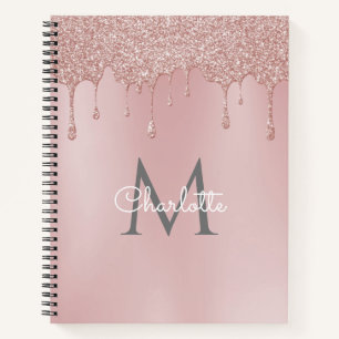 Roze Glitter Drift Monogram Elegant Girly Script Notitieboek