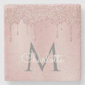 Roze Glitter Drift Monogram Elegant Girly Script Stenen Onderzetter (Voorkant)