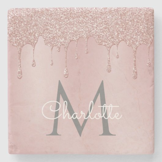 Roze Glitter Drift Monogram Elegant Girly Script Stenen Onderzetter (Voorkant)