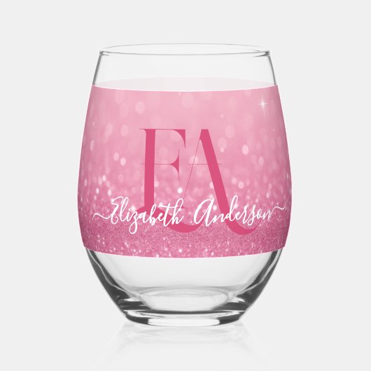 Roze Glitter Drinkware Set met Naam & Initialen Wijnglas Zonder Voet (Voorkant)