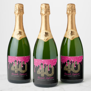Roze Glitter Drip 40e Verjaardag Mousserende Wijn Sparkling Wijnetiket