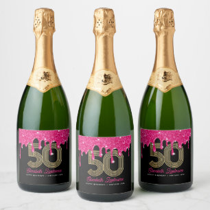 Roze Glitter Drip 50e Verjaardag Mousserende Wijn  Sparkling Wijnetiket