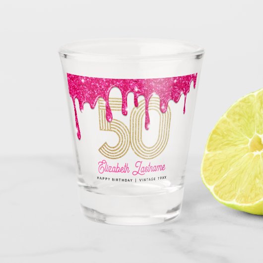 Roze glitter Drip 50th Birthday Shot Glass Glas (Voorkant)