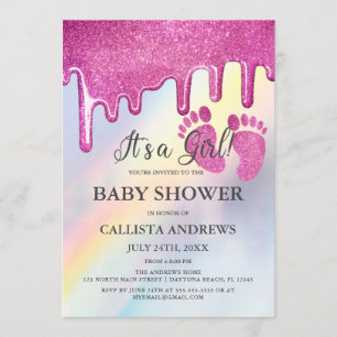 Roze Glitter Drips Regenboog Holografisch Baby sho Kaart