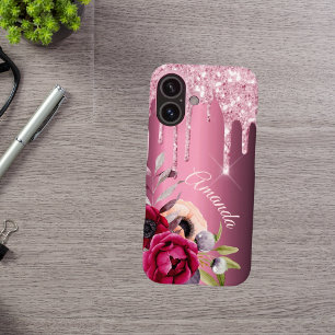 Roze glitter druppel burgundy metallic florals naa iPhone 16 hoesje