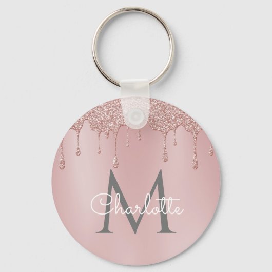 Roze Glitter Druppels Monogram Elegante Chic Lette Sleutelhanger (Voorkant)