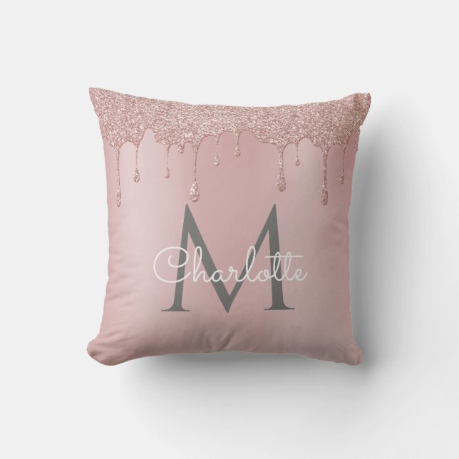 Roze Glitter Druppels Monogram Elegante Script Kussen (Voorkant)