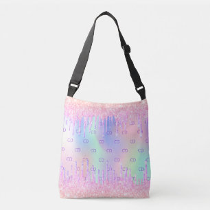 Roze glitter druppelt holografische monogram initi crossbody tas