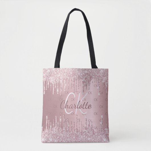 Roze glitter druppelt monogram elegant script draagtas (Voorkant)