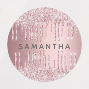 Roze glitter druppelt monogram naam op labels
