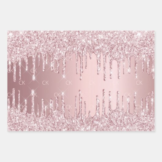 Roze glitter druppelt mousserend monogram stoffig  inpakpapier vel (Voorkant)
