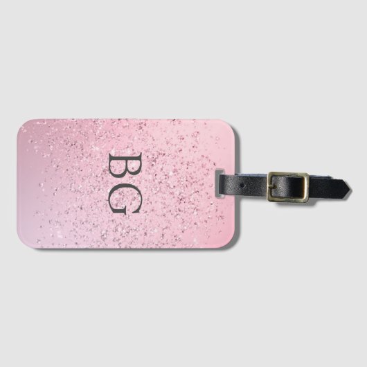 Roze Glitter Effect Monogram Initialen Bagagelabel (Voorkant (horizontaal))