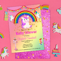 Roze Glitter en Regenboog Eenhoorn Baby Shower Kaart