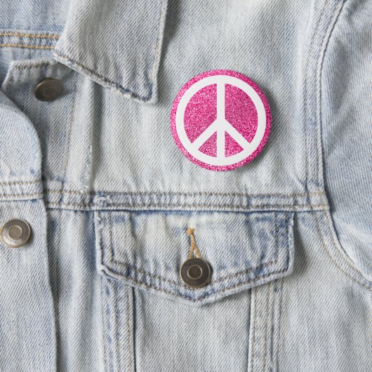 Roze Glitter en Wit Vredessymbool Ronde Button 5,7 Cm (In situ)