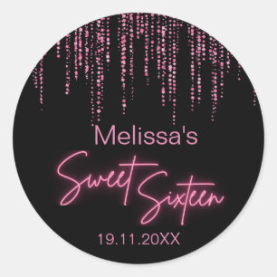 Roze Glitter en Zwart Sweet 16 Verjaardag Ronde Sticker
