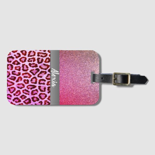 Roze Glitter Exotic Leopard Print Bagagelabel (Voorkant (horizontaal))