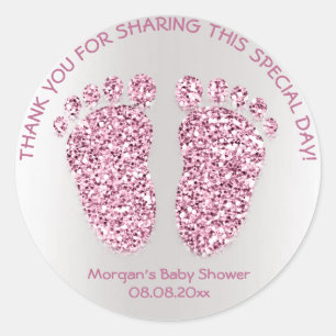 Roze Glitter Feet Baby shower Favor Bedankt Girl G Ronde Sticker