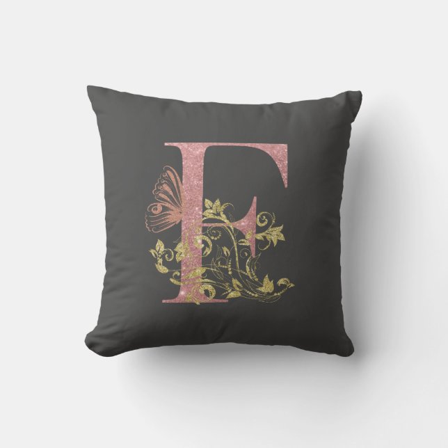 Roze glitter Floral Letter F Kussen (Voorkant)