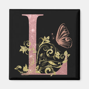 Roze Glitter Floral Letter L Magneet