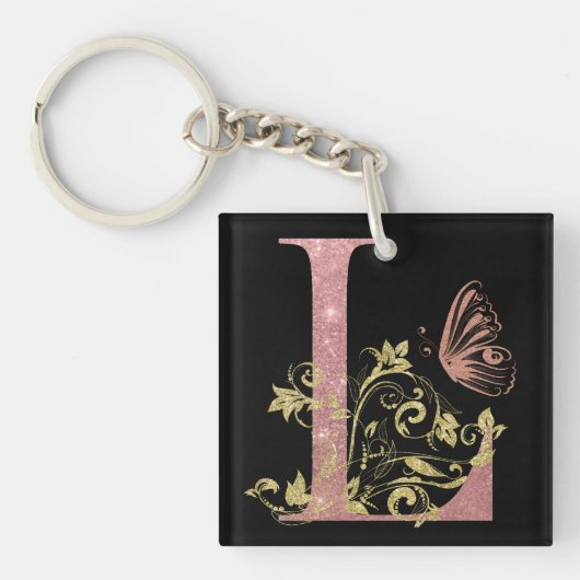 Roze Glitter Floral Letter L Sleutelhanger (Voorkant)
