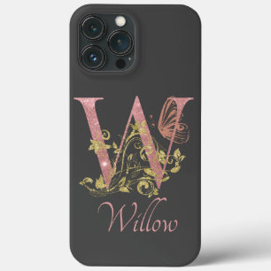 Roze Glitter Floral Letter W iPhone 13 Pro Max Hoesje