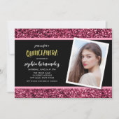 Roze glitter foto Quinceanera uitnodiging (Voorkant)