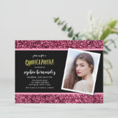 Roze glitter foto Quinceanera uitnodiging (Staand voorkant)