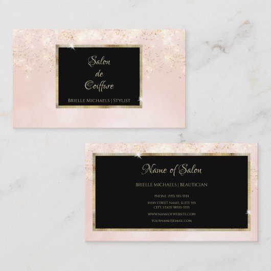 Roze Glitter Glam Elegant Zwart en Goud Salon Visitekaartje (Voorkant / Achterkant)