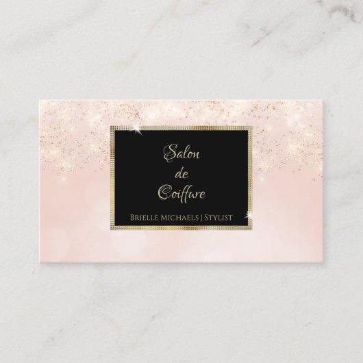 Roze Glitter Glam Elegant Zwart en Goud Salon Visitekaartje (Voorkant)
