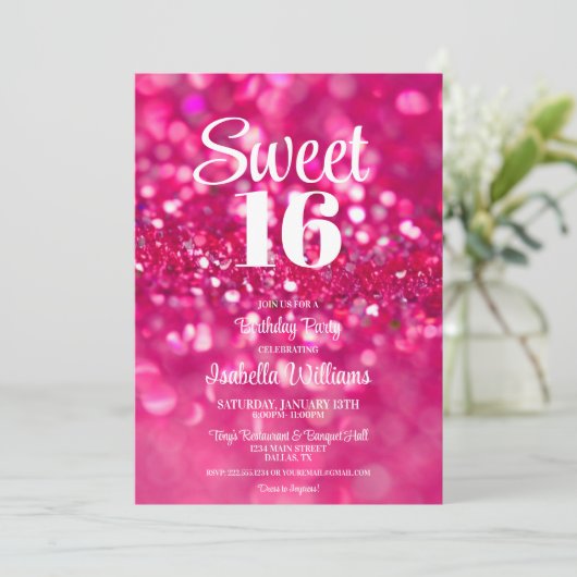 Roze Glitter Glam Sweet 16 Verjaardagsuitnodiging Kaart (Staand voorkant)