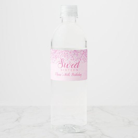 Roze Glitter, Glam Sweet 16 Waterfles Etiket (Voorkant)