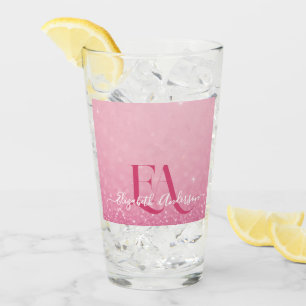 Roze Glitter Glass Cup met naam en Initialen Glas