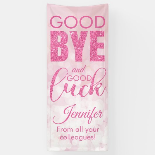 Roze glitter Goodbye en Good Luck Spandoek (Verticaal)