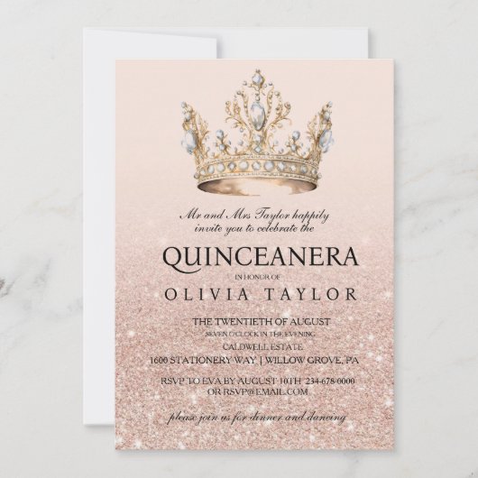 Roze Glitter Gouden Kroon Quinceanera 15e Verjaard Kaart (Voorkant)