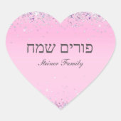 Roze Glitter Heart Happy Purim Label (Voorkant)
