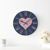 Roze Glitter Heart op Navy Blue Grote Klok (Huis)