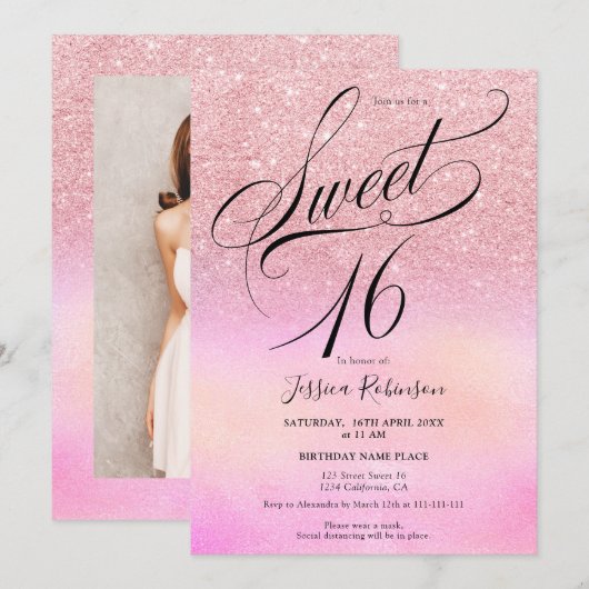roze glitter holografisch script Sweet 16 Kaart (Voorkant / Achterkant)