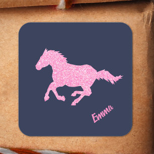 Roze Glitter Horse Little Girl First Name Animal Vierkante Sticker